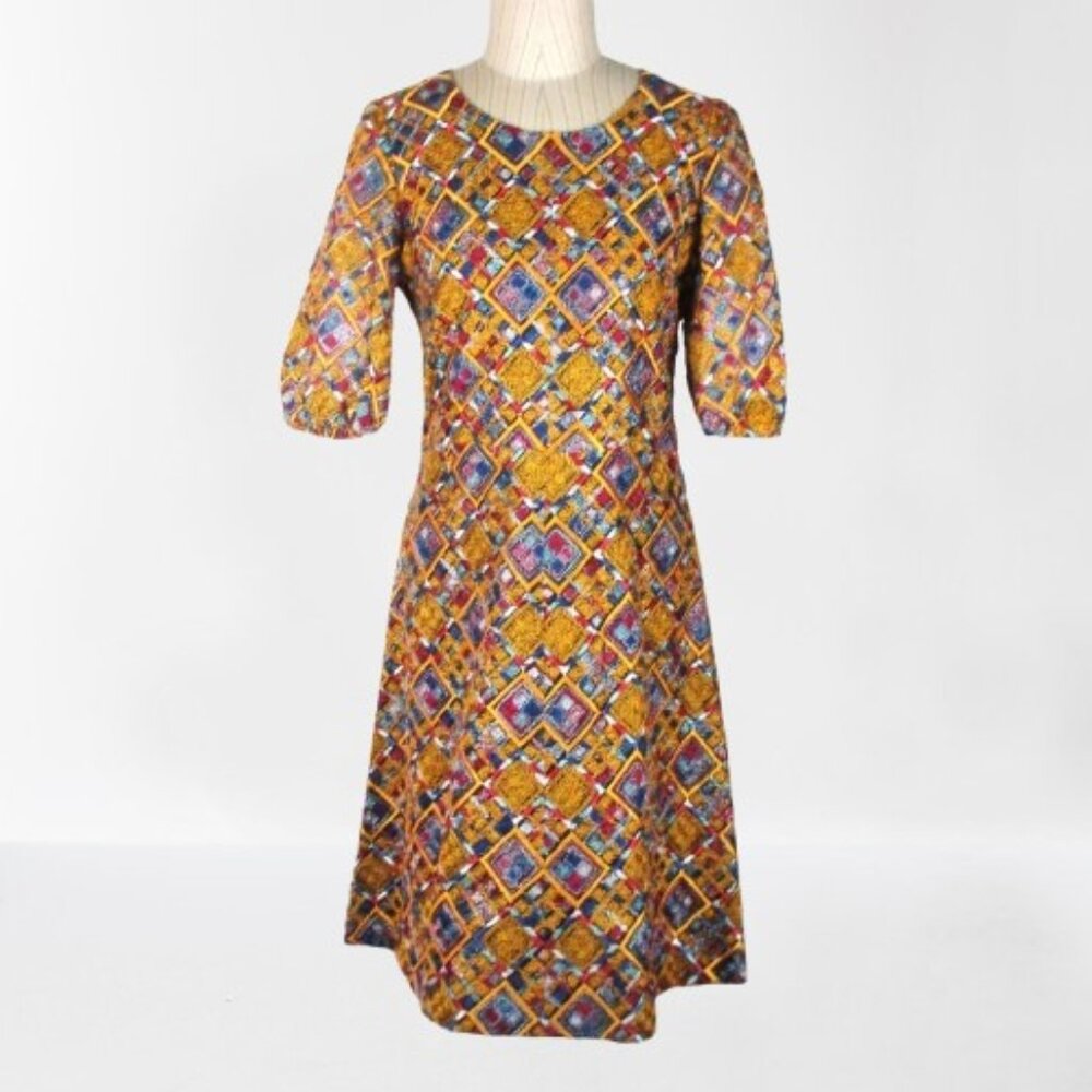 Vintage 1960s Dress, Custom Made, Embroidered Design, Lined, Gold Blue A-Line
